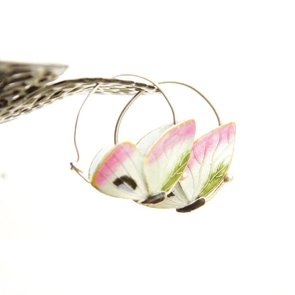 Vintage Guilloche Enamel Silver Butterfly Hoop Earrings, Cute Butterfly Hoops, Art Deco Style, Elegant Silver Earrings, 1 1/8" L