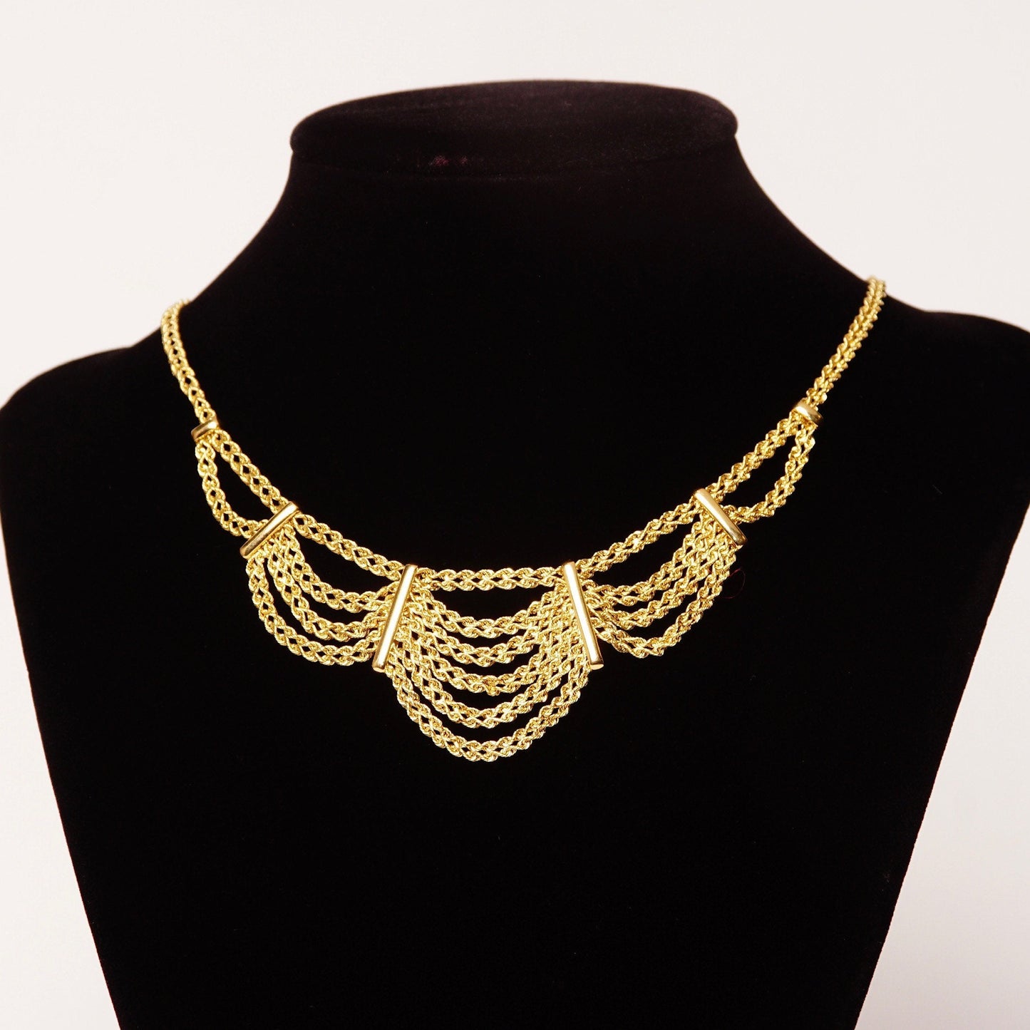 Vintage Peru 14K Yellow Gold Festoon Necklace, Double Spiral Rope Chain, Draped Gold Bib, Elegant 585 Necklace, Made In Peru, 17 1/4" L