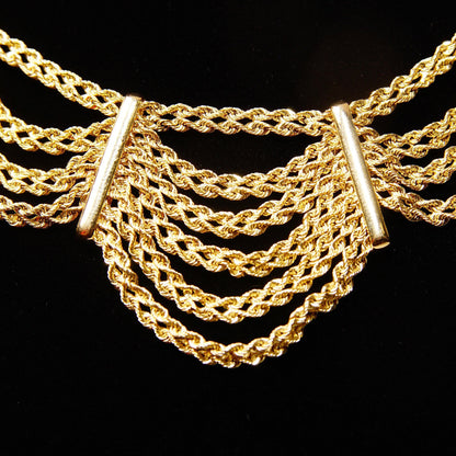 Vintage Peru 14K Yellow Gold Festoon Necklace, Double Spiral Rope Chain, Draped Gold Bib, Elegant 585 Necklace, Made In Peru, 17 1/4" L