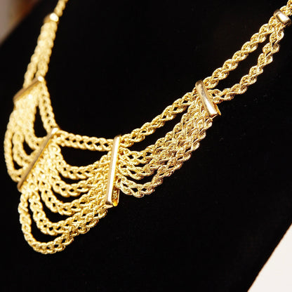 Vintage Peru 14K Yellow Gold Festoon Necklace, Double Spiral Rope Chain, Draped Gold Bib, Elegant 585 Necklace, Made In Peru, 17 1/4" L