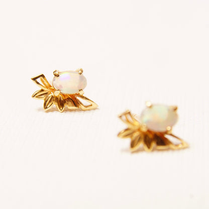 14K Opal Stud Earrings, Winged Yellow Gold Embellishment, Petite Opal Cabochons, Mini Gemstone Studs, 12mm