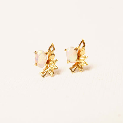 14K Opal Stud Earrings, Winged Yellow Gold Embellishment, Petite Opal Cabochons, Mini Gemstone Studs, 12mm