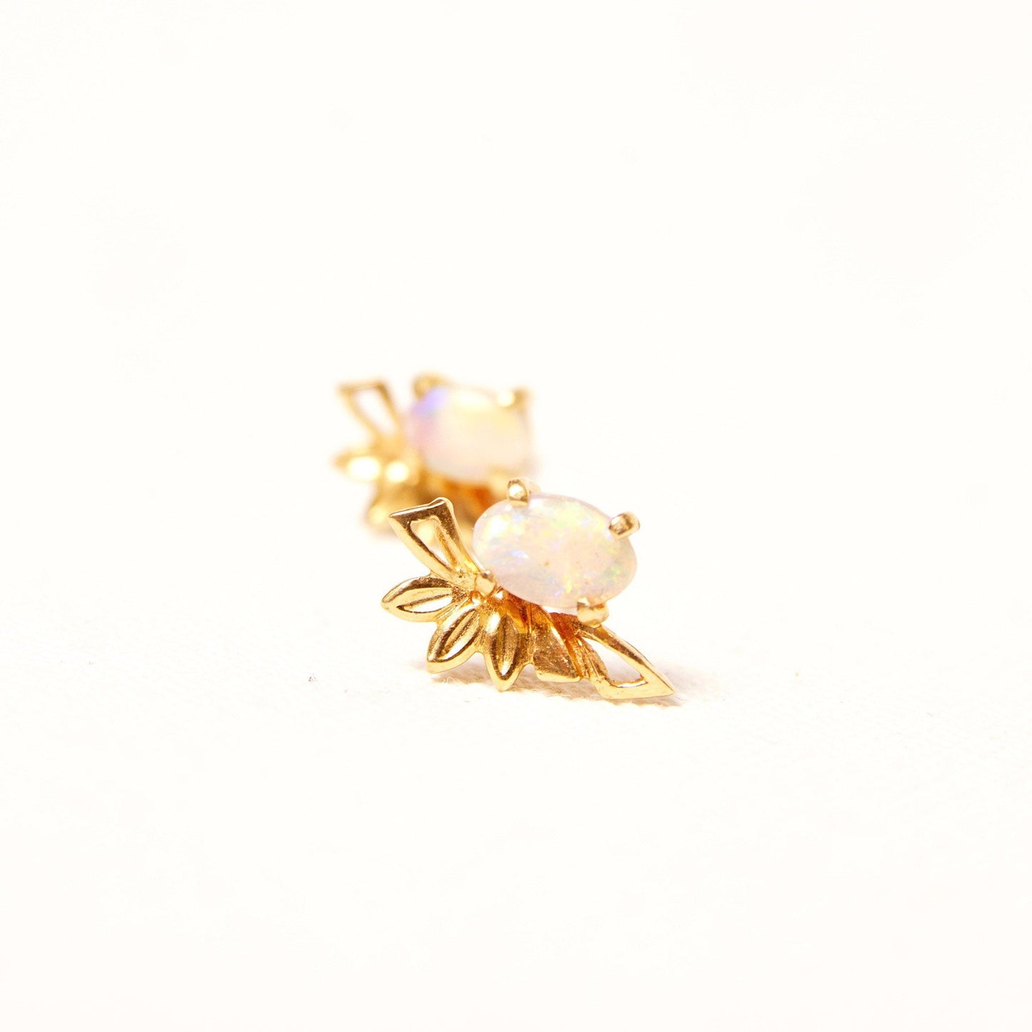 14K Opal Stud Earrings, Winged Yellow Gold Embellishment, Petite Opal Cabochons, Mini Gemstone Studs, 12mm