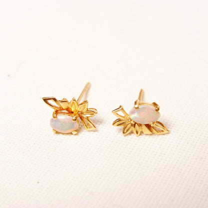 14K Opal Stud Earrings, Winged Yellow Gold Embellishment, Petite Opal Cabochons, Mini Gemstone Studs, 12mm