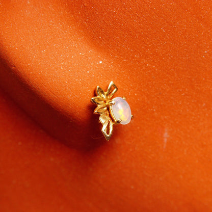 14K Opal Stud Earrings, Winged Yellow Gold Embellishment, Petite Opal Cabochons, Mini Gemstone Studs, 12mm