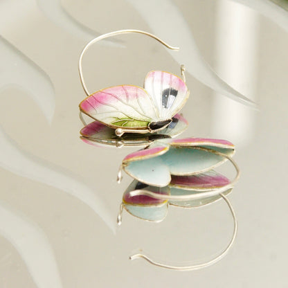 Vintage Guilloche Enamel Silver Butterfly Hoop Earrings, Cute Butterfly Hoops, Art Deco Style, Elegant Silver Earrings, 1 1/8" L