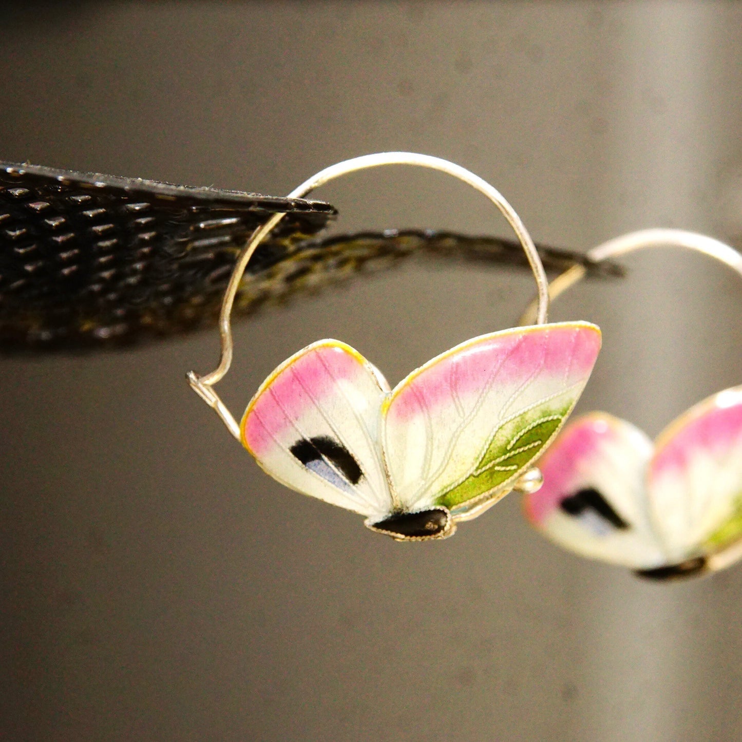 Vintage Guilloche Enamel Silver Butterfly Hoop Earrings, Cute Butterfly Hoops, Art Deco Style, Elegant Silver Earrings, 1 1/8" L