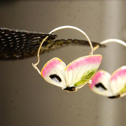 Vintage Guilloche Enamel Silver Butterfly Hoop Earrings, Cute Butterfly Hoops, Art Deco Style, Elegant Silver Earrings, 1 1/8" L