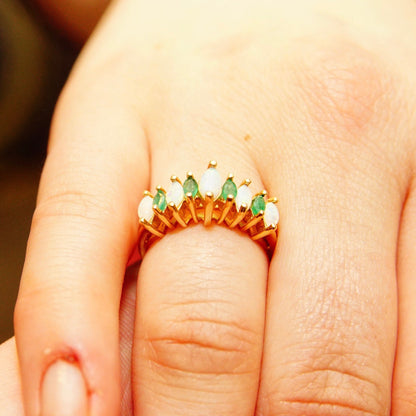 14K gold marquise-cut opal and emerald eternity band ring, multi-stone cluster cocktail estate jewelry on finger, size 6 1/4 US