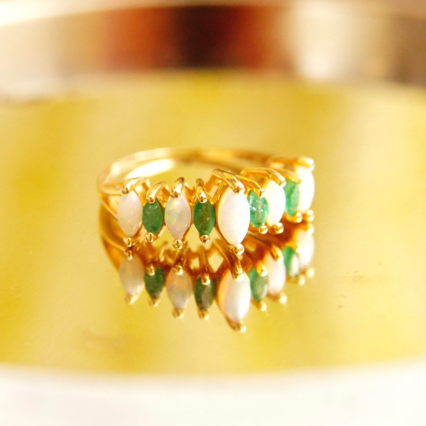 14K gold cocktail ring with marquise opals and emerald accents in a cluster design, estate jewelry, size 6 1/4 US