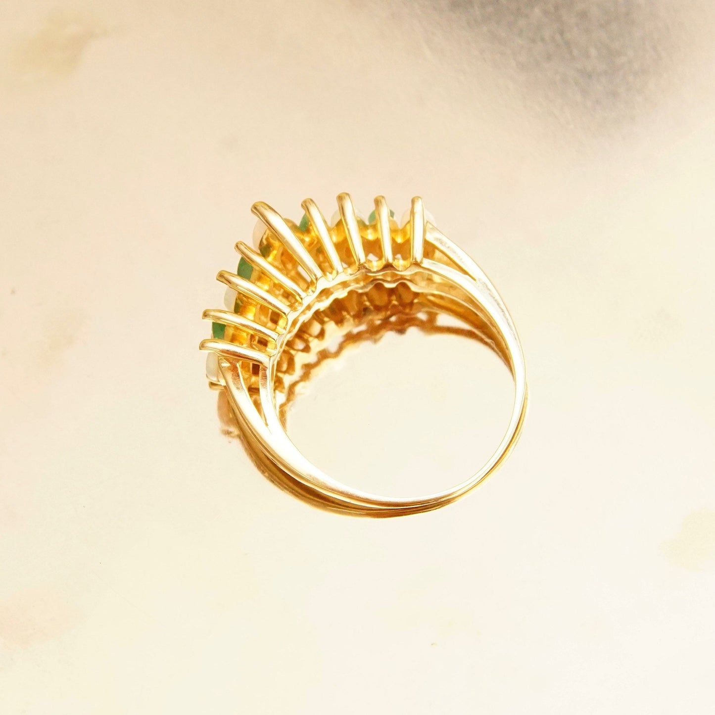 14K gold cocktail ring with marquise-cut opals and emeralds in a cluster design, estate jewelry, size 6 1/4 US