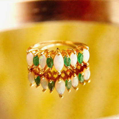 14K Marquise Opal Emerald Eternity Ring, Multi-Stone Cluster Cocktail Ring, Estate Jewelry, Size 6 1/4 US