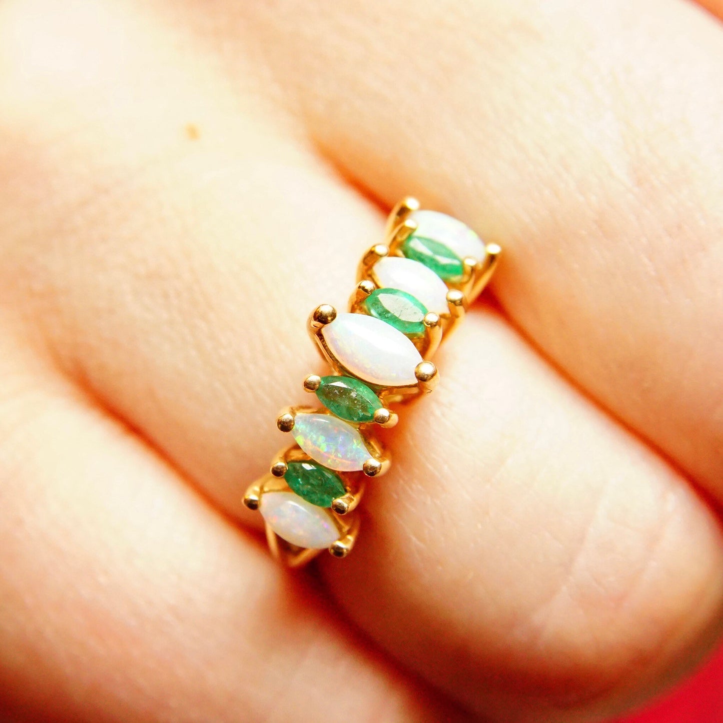 14K Marquise Opal Emerald Eternity Ring, Multi-Stone Cluster Cocktail Ring, Estate Jewelry, Size 6 1/4 US