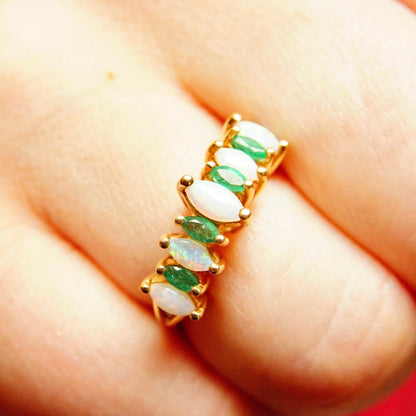 14K gold marquise opal and emerald cluster cocktail ring on finger, size 6 1/4 US, estate jewelry