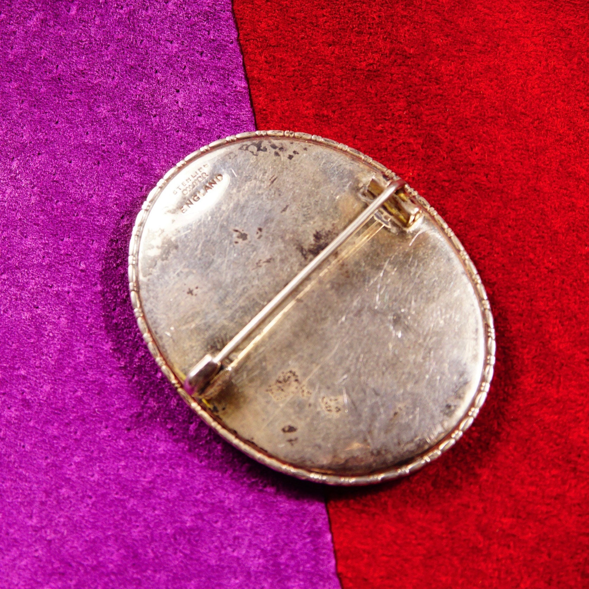 Vintage silver oval brooch with a butterfly wing cameo depicting a Grecian goddess motif, set against a vibrant pink and red textured background.