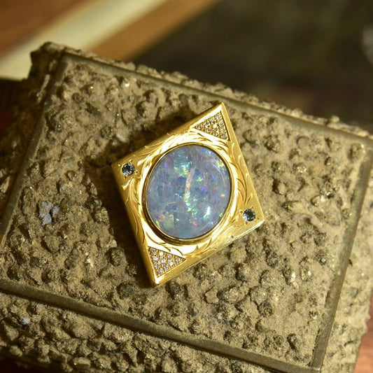 Vintage 18K Gold Mosaic Opal Diamond Cluster Blue Gemstone Pendant, 20 Diamond Accents, Large Solid 750 Blue Opal Triplet Pendant, 2" L