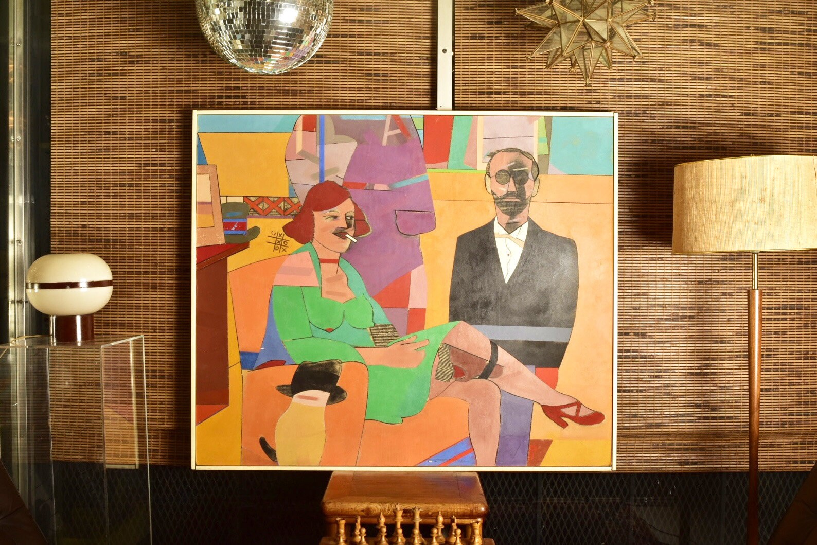 Original 1976 Richard Merkin modernist painting titled 'The Poet Of Wickedness #2' depicting a stylized man and woman in vibrant colors, tempura on masonite, measuring 42 inches by 50 inches.