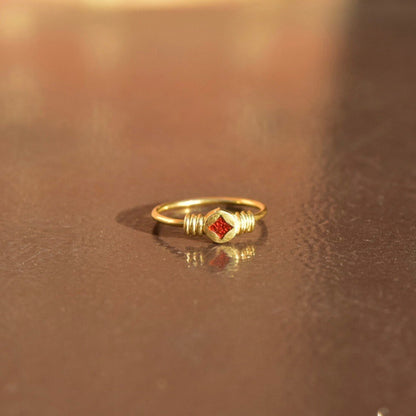 Vintage 14K gold wire ring with red enamel starburst inlay, minimalist midi or stacking ring, polished finish, size 3.75 US.