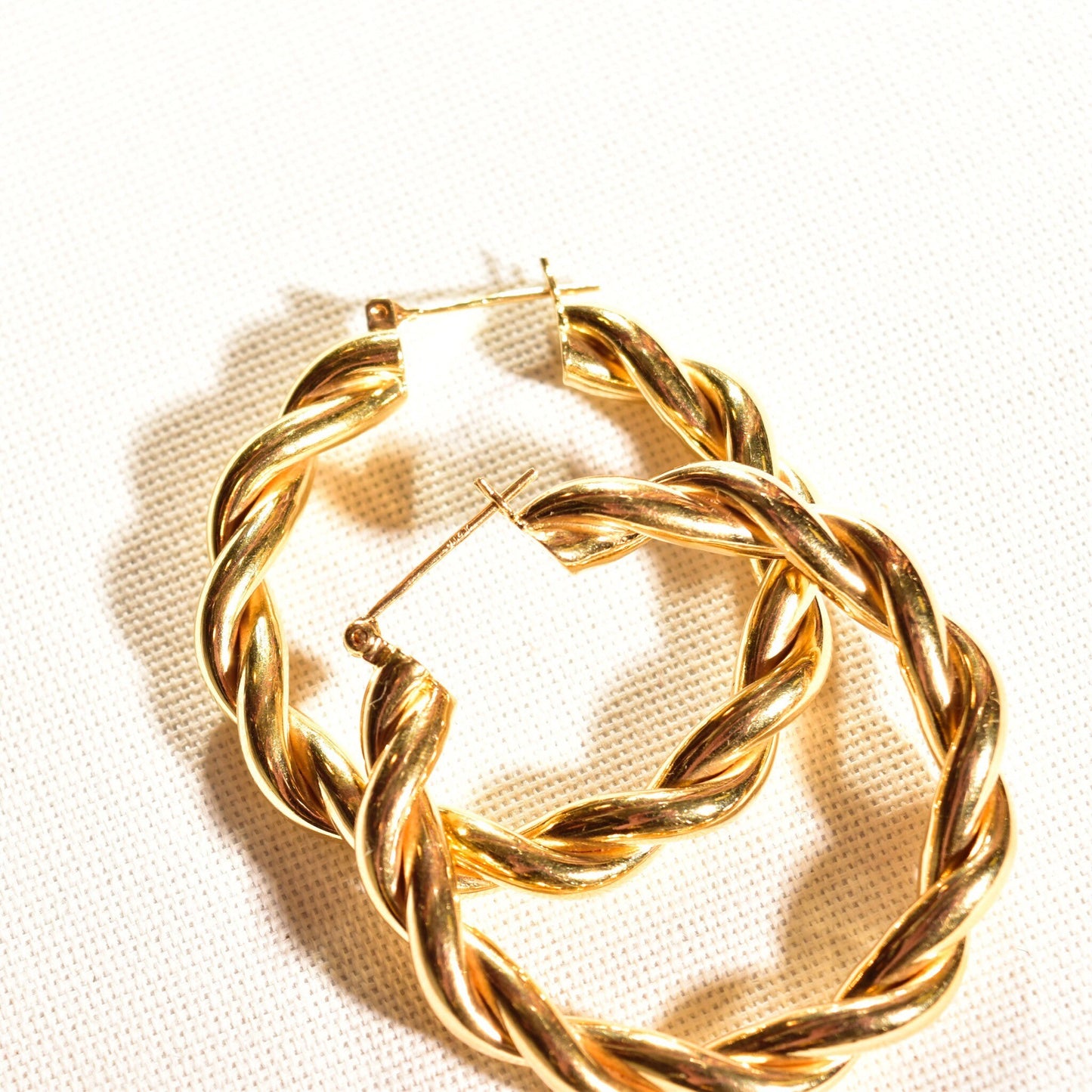 14K solid yellow gold chunky twisted spiral hoop earrings, 40mm vintage statement jewelry