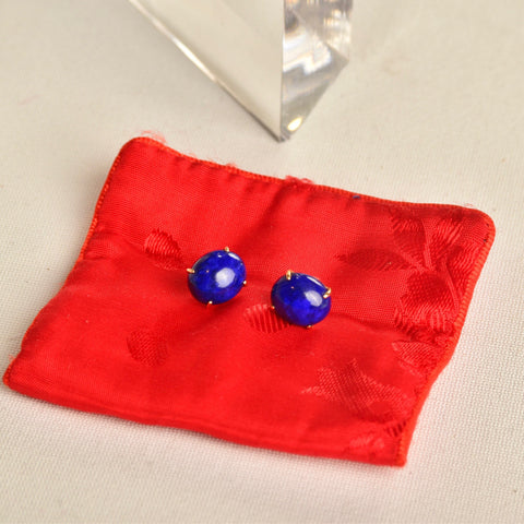 14K Lapis Lazuli Button Stud Earrings, Cobalt Blue Oval Cabochon Studs, Gemstone Jewelry, 12mm - Good's Vintage