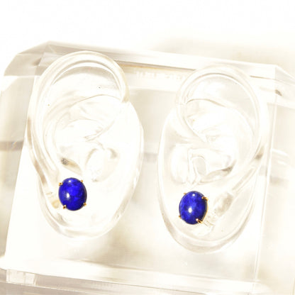 14K Lapis Lazuli Button Stud Earrings, Cobalt Blue Oval Cabochon Studs, Gemstone Jewelry, 12mm