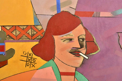 Geometric abstract portrait painting with cubist elements depicting a stylized man smoking a cigarette, in vivid colors including orange, pink, teal and yellow, by Richard Merkin from 1976 titled "The Poet of Wickedness #2", 42 x 50 inches, tempera on masonite board.