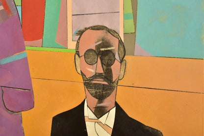 Stylized portrait painting of a well-dressed man against an abstract, colorful geometric background in modernist style by Richard Merkin, titled "The Poet Of Wickedness #2", tempura on masonite, 1976, measuring 42 inches by 50 inches.