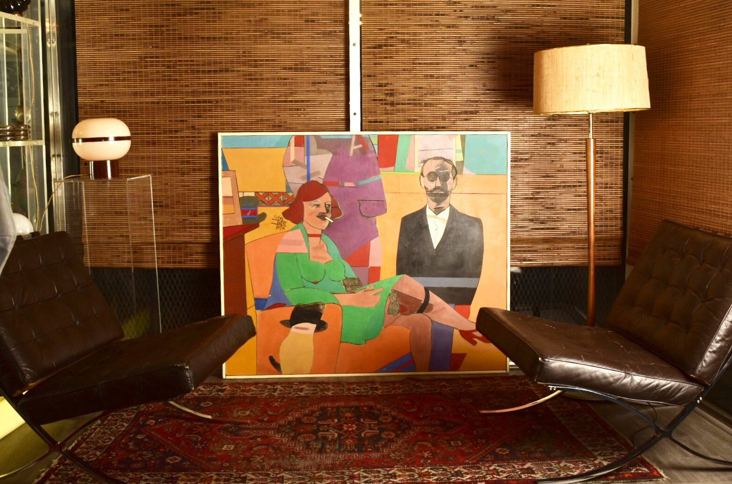 Modernist painting depicting stylized man and woman in colorful, geometric setting, tempera on masonite, 42 x 50 inches, by Richard Merkin, titled 'The Poet of Wickedness #2', 1976.