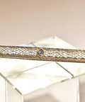 Antique Art Deco 14k White Gold Filigree Blue Topaz Bar Pin, Intricate Filigree Lattice, Yellow Gold Setting, Emerald-Cut Gemstone, 2 5/8" L - Good's Vintage