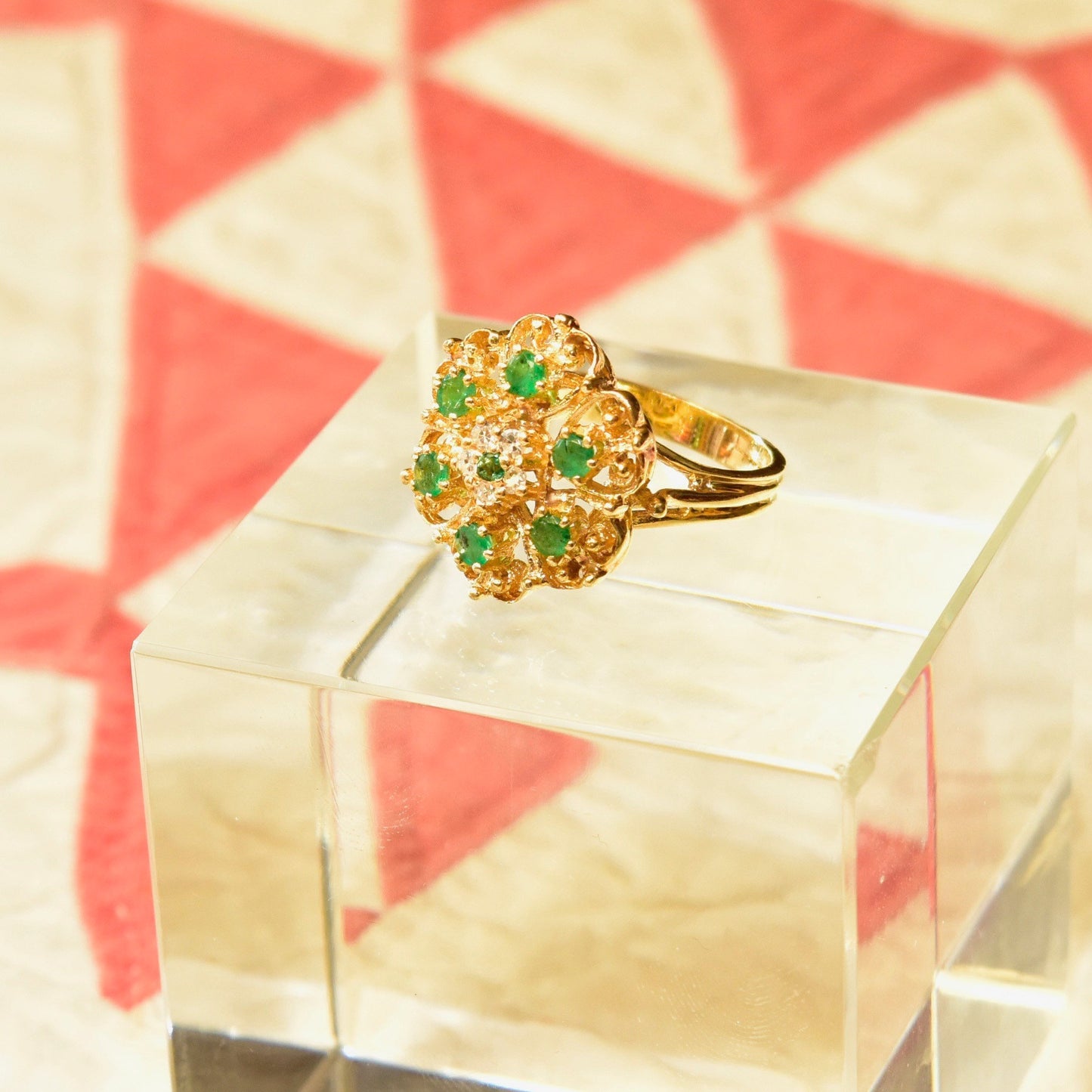 14K yellow gold emerald and diamond cluster cocktail ring featuring a floral dome design, size 7 1/2 US.
