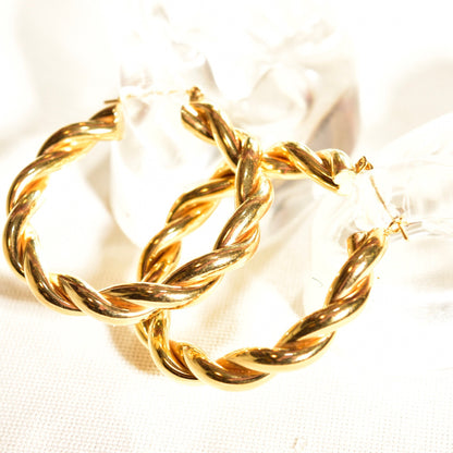 14K solid yellow gold twist hoop earrings, chunky spiral statement hoops, vintage jewelry, 40mm in diameter