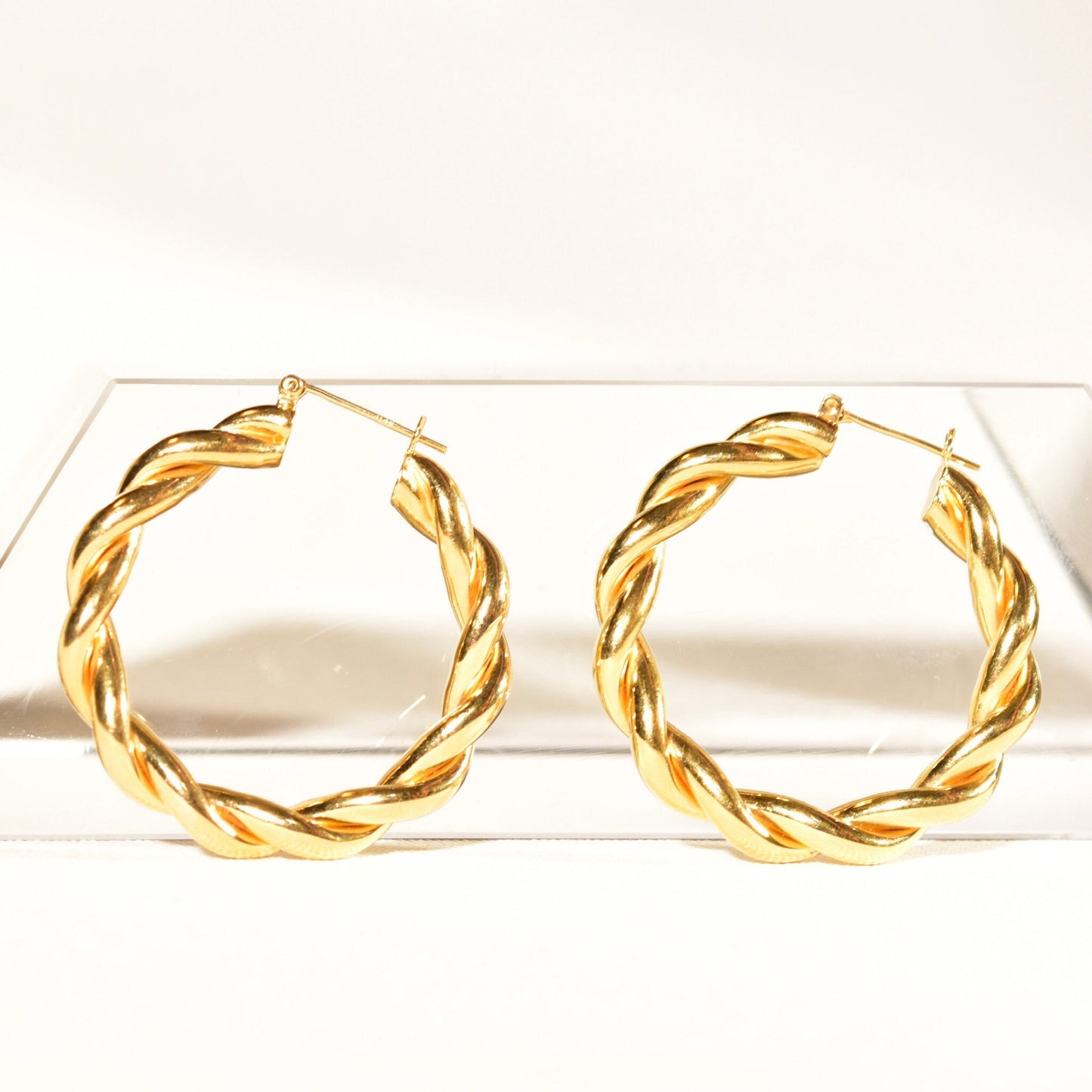 14K solid yellow gold twist hoop earrings, chunky 40mm spiral statement hoops, vintage jewelry