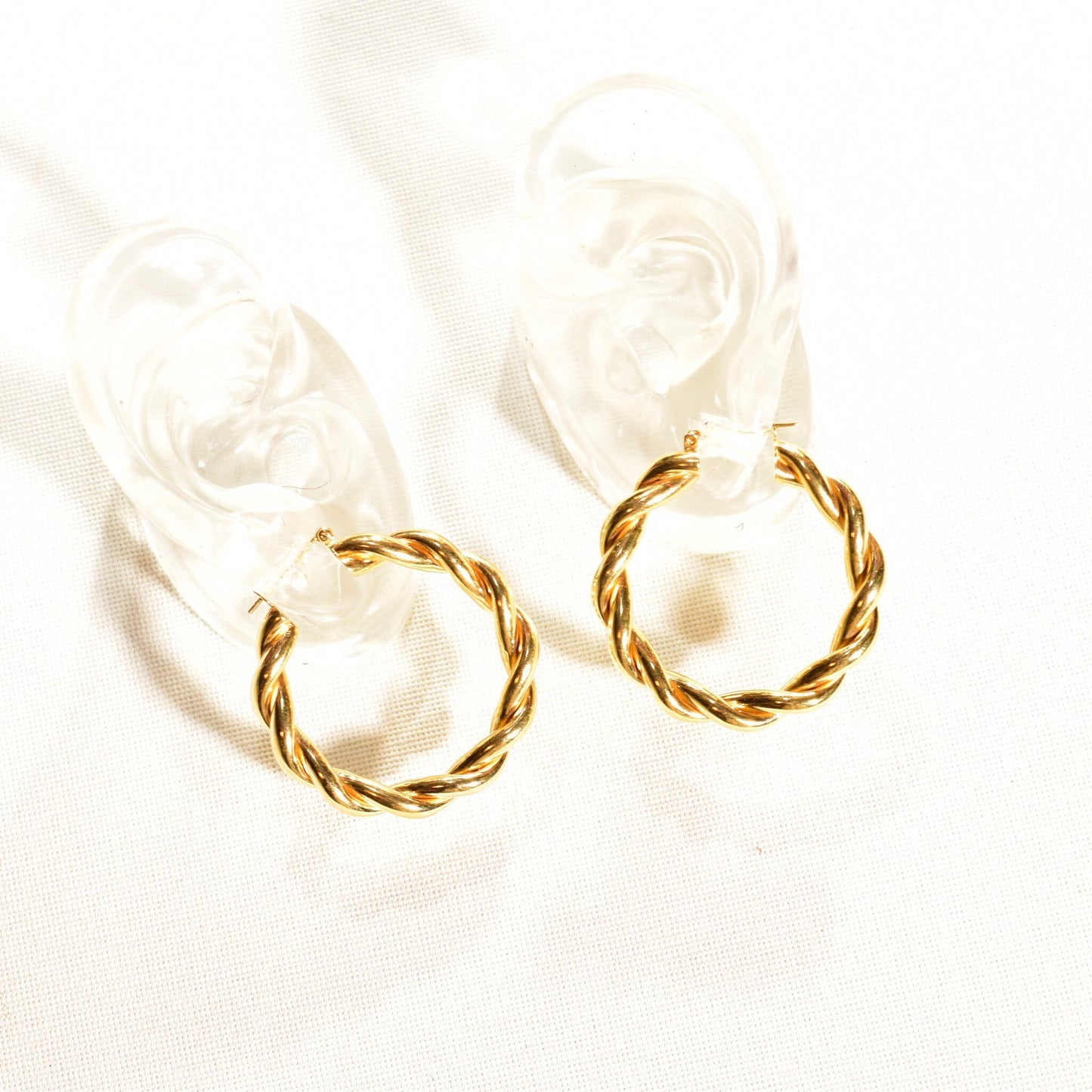 14K solid yellow gold spiral twist hoop earrings, chunky vintage statement jewelry, 40mm diameter