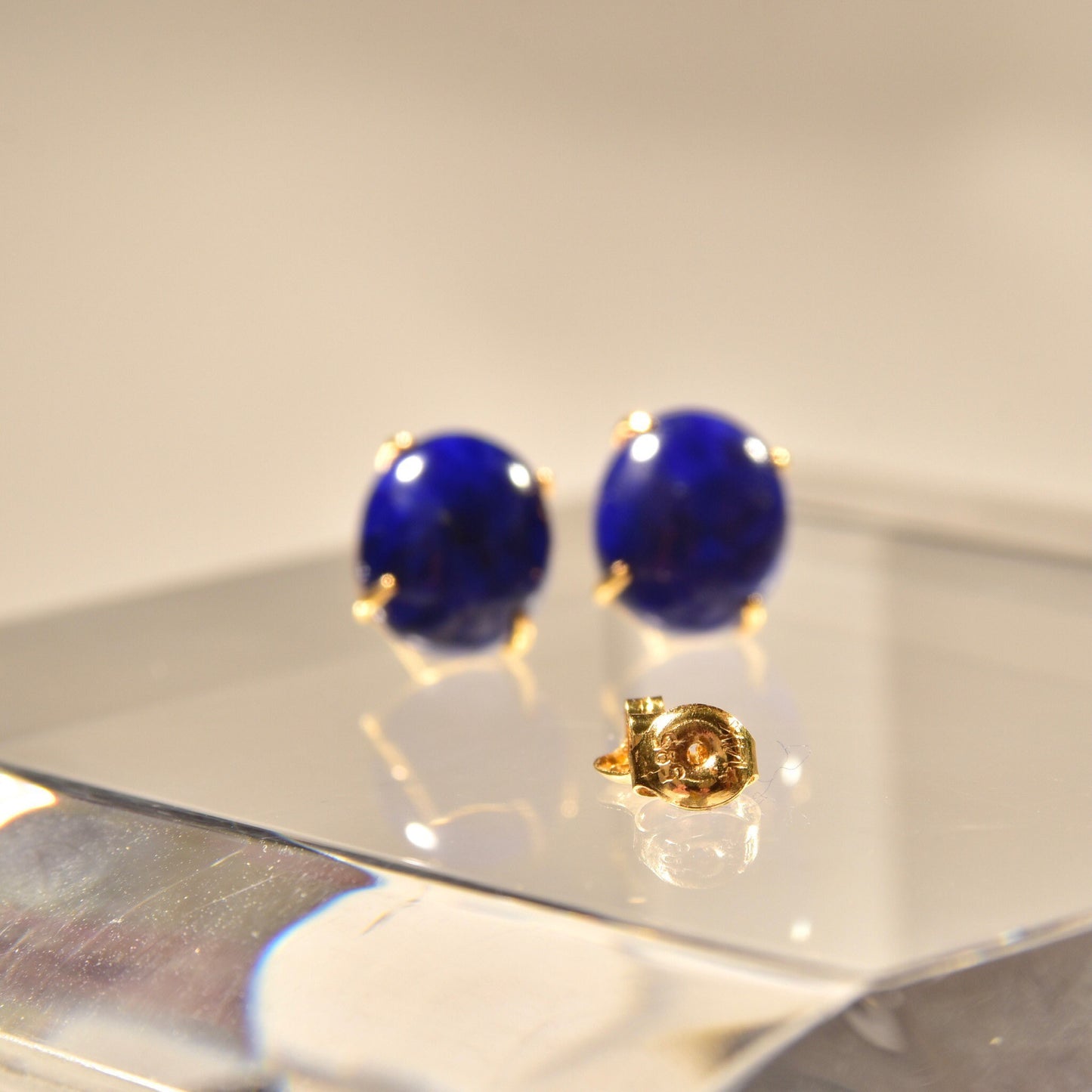 14K Lapis Lazuli Button Stud Earrings, Cobalt Blue Oval Cabochon Studs, Gemstone Jewelry, 12mm