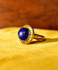 14K Lapis Lazuli Cabochon Ring, Hollow Yellow Gold Cocktail Ring, Cobalt Blue Gemstone Solitaire, Size 7 1/2 US - Good's Vintage