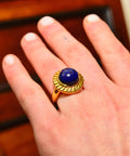 14K Lapis Lazuli Cabochon Ring, Hollow Yellow Gold Cocktail Ring, Cobalt Blue Gemstone Solitaire, Size 7 1/2 US - Good's Vintage
