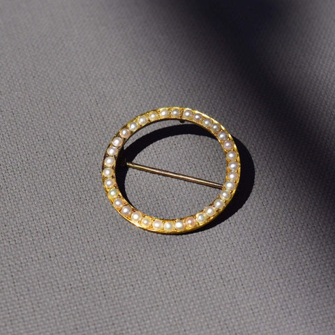 Antique 10K Seed Pearl Circle Pin, Pearl Pave Open Circle Brooch, Scarf/Sash/Lapel Pin, 32mm - Good's Vintage