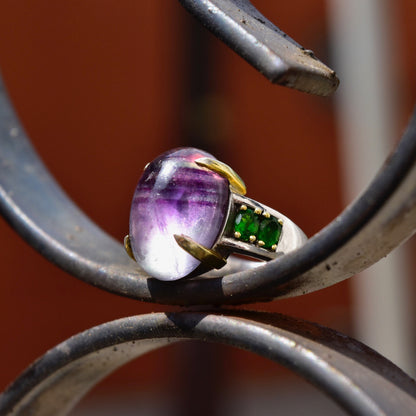 Vintage Two-Tone Sterling Silver Striped Purple Cabochon Emerald Accent Ring, Embellished Inner Band, Statement Ring, Size 8 US