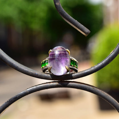 Vintage Two-Tone Sterling Silver Striped Purple Cabochon Emerald Accent Ring, Embellished Inner Band, Statement Ring, Size 8 US