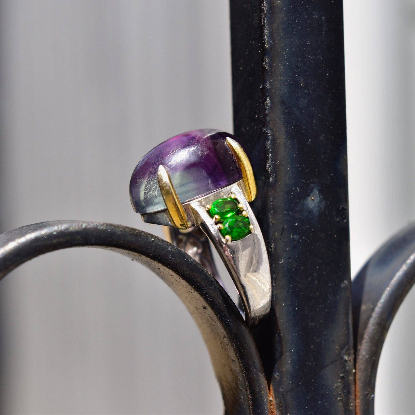 Vintage Two-Tone Sterling Silver Striped Purple Cabochon Emerald Accent Ring, Embellished Inner Band, Statement Ring, Size 8 US