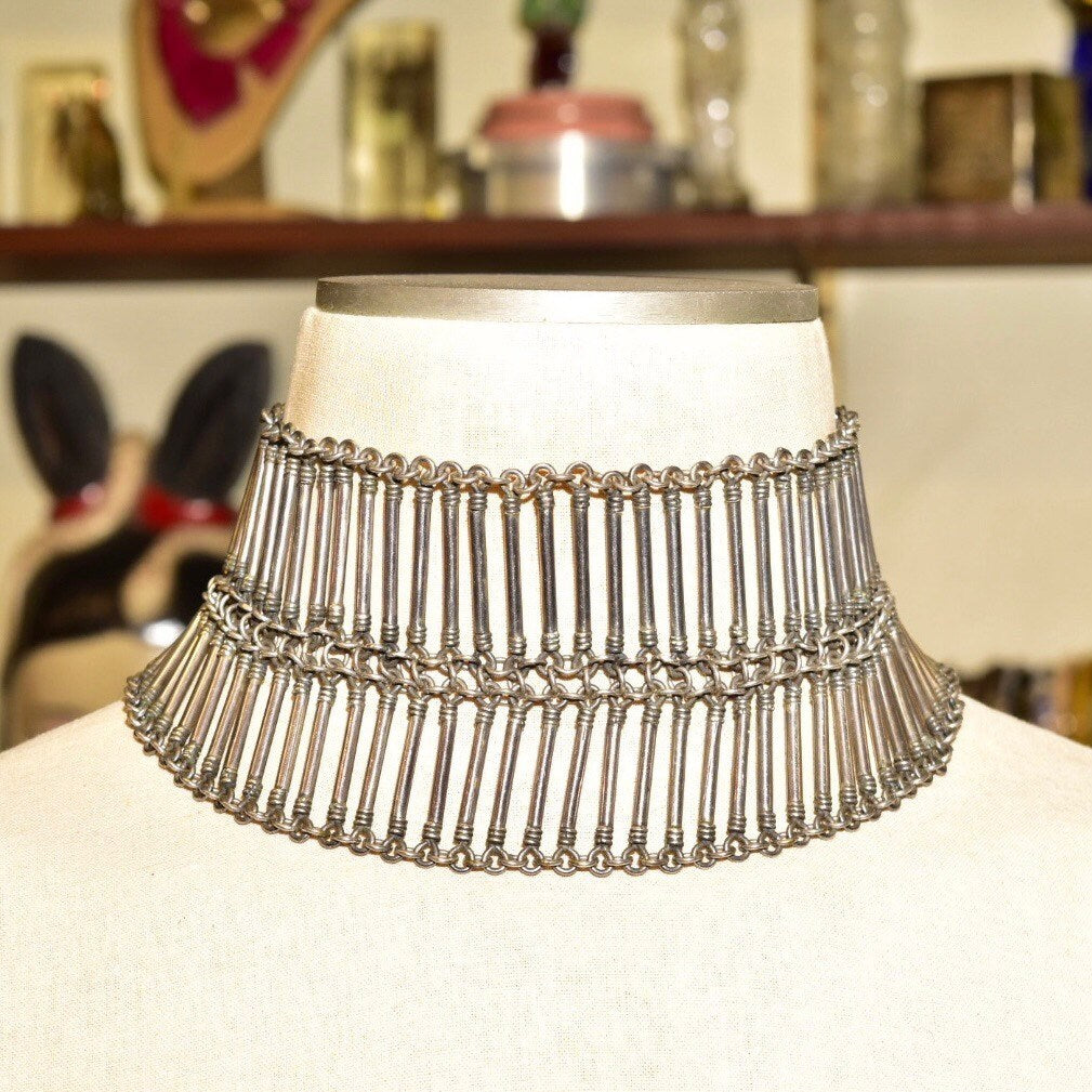 Vintage TAXCO Bohemian Sterling Silver Bib Necklace, Ethnic Jewelry, Solid Silver Statement Necklace, Tube Links, 925 Mexico, 15 1/2" L