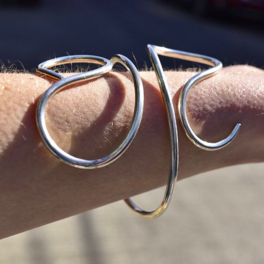 Vintage Sterling Silver Wire Wrap Cuff Bracelet on Wrist, Minimalist Solid 925 Silver Swirl Adjustable Bohemian Jewelry