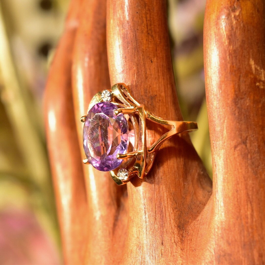14K Pink Sapphire Cocktail Ring, White Gold Diamond Accents, Simulated Gemstone, Fancy Gold Ring, Size 6 1/4 US