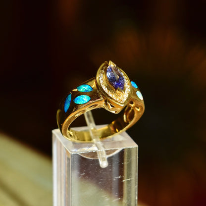 14K gold marquise tanzanite and diamond halo cocktail ring with blue opal inlay accents, size 7 1/2 US.