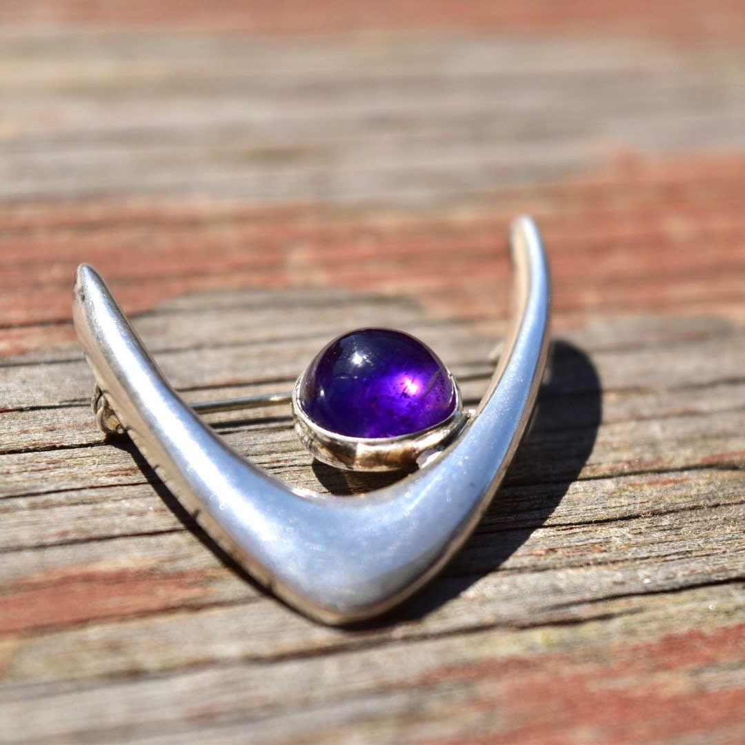 Vintage 1960's Danish Modernist Sterling Silver Amethyst Brooch Pin, Arne Johansen 925 Denmark, Iconic Boomerang Design, 1 1/2