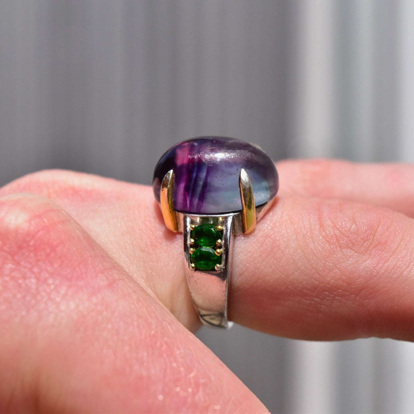 Vintage Two-Tone Sterling Silver Striped Purple Cabochon Emerald Accent Ring, Embellished Inner Band, Statement Ring, Size 8 US