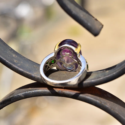 Vintage Two-Tone Sterling Silver Striped Purple Cabochon Emerald Accent Ring, Embellished Inner Band, Statement Ring, Size 8 US