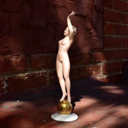 Vintage Signed WALLENDORF Hand Painted & Gilded Nude Globe Porcelain Figurine, 12" Tall