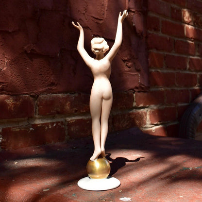 Vintage Signed WALLENDORF Hand Painted & Gilded Nude Globe Porcelain Figurine, 12" Tall