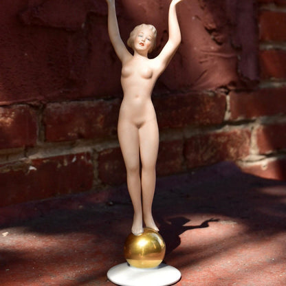 Vintage Signed WALLENDORF Hand Painted & Gilded Nude Globe Porcelain Figurine, 12" Tall